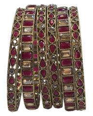 Antique Gold Finish FUCHSIA / MAGENTA  Reverse Stone Bangles (Set of 6) - Mix N Match - SR219R