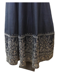 Cotton / Silky Dark Navy Anarakali  Long Dress with Grey Embroidery - Size 12 (Bust 38