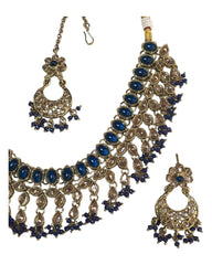 Blue - Medium - Antique Gold Finish Necklace Set with Earrings - RAK185 Cp 0724