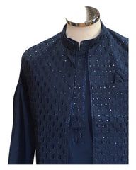 Navy / Petrol Blue - Mens Kurta Set with Rich Brocade Waistcoat  - SHU2507 TY 0325