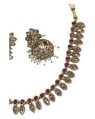 Magenta - Small - Antique Gold Finish Necklace Set with Earrings - AE2402 C 0724