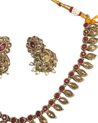 Maroon - Small Size Antique Gold Finish Necklace Set with Earrings - SV2404  C 0424