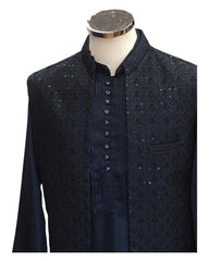 Petrol Blue - Mens Kurta Set with Rich Brocade Waistcoat  - SHU2505 TP 0325