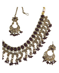 Maroon - Medium - Antique Gold Finish Necklace Set with Earrings - RAK185 Cp 0724