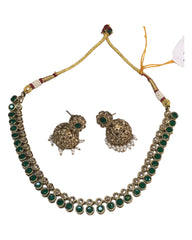 Green - Small - Antique Gold Finish Necklace Set with Earrings - AE2403 C 0724