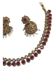 Magenta - Small - Antique Gold Finish Necklace Set with Earrings - AE2403 C 0724