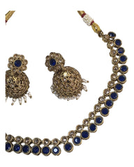 Navy Blue - Small - Antique Gold Finish Necklace Set with Earrings - AE2403 C 0724