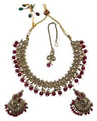 Red - Medium - Antique Gold Finish Necklace Set with Earrings - DAJ540 H 0724