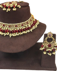 Maroon - Large Size Antique Gold Finish Necklace Set with Earrings - JE18  C 0424