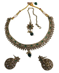 Green - Small - Antique Gold Finish Necklace Set with Earrings - DAJ298 C 0724