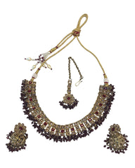 Maroon - Medium Size Antique Gold Finish Necklace Set with Earrings - PRI1786  11H24