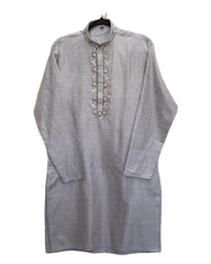 Light Grey / Silver - Rich Crepe Brocade Mens Indian Kurta set - Weddings / Walimas , Sangeet, Eid, Mehndi / Henna - KCS1033 06TT24