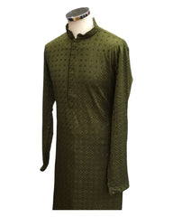 Henna Mehndi Green - Rich Sequins Lucknowi Chiffon Mens Indian Kurta Set with Smart Pants - Weddings / Walimas , Sangeet, Eid, Mehndi / Henna - SHU2502 KC 0325