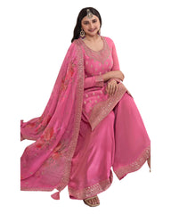 Pink - Simple / Classy Ladies Indian Palazzo Trousers Suit with Printed Dupatta - Size 14 (40