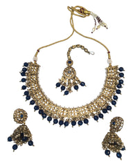 Navy Blue - Large Size Antique Gold Finish Necklace Set with Earrings - JIG49  11H24