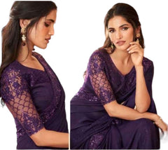 Purple - Crepe Silky Saree with Fancy Ready made Blouse - ANM12007 VA 1123