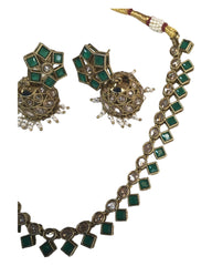 Green - Small - Antique Gold Finish Necklace Set with Earrings - AE2405 C 0724