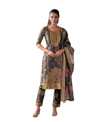 Dark Grey - Banarasi Handloom Ladies Indian Salwar Suit with Printed Dupatta - Available in Size 10 (36