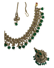 Green - Medium - Antique Gold Finish Necklace Set with Earrings - DAJ540 H 0724