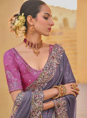 Grey - Chiffon Saree with Fancy Ready made Blouse - TAT6908 TC 0624