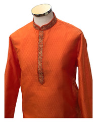 Orange - Handloom Self Brocade Mens Indian Kurta set - Weddings / Walimas , Sangeet, Eid, Mehndi / Henna - KCS2405 08KP24