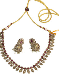 Maroon - Small Size Antique Gold Finish Necklace Set with Earrings - SV2404  C 0424