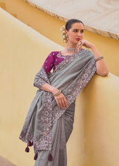 Grey - Chiffon Saree with Fancy Ready made Blouse - TAT6908 TC 0624