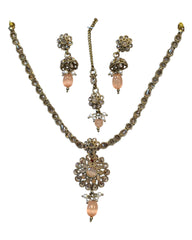 Peach - Small Size Antique Gold Finish Necklace Set with Earrings & Head Piece /Tika- SLV79  11A24