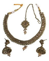 Gold / Neutral - Small - Antique Gold Finish Necklace Set with Earrings - DAJ533  C 0724