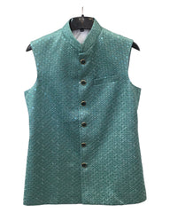 Sea Green - Rich Lucknowi Sequins Mens Waistcoat / Bandi - Bollywood - HHF2401 KK 0624