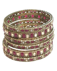 Antique Gold Finish FUCHSIA / MAGENTA  Reverse Stone Bangles (Set of 6) - Mix N Match - SR219R