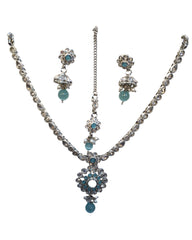 Light Blue - Small Size Silver Finish Necklace Set with Earrings & Head Piece /Tika- SLV79  11A24