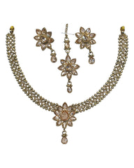 Gold / Neutral - Medium Size Antique Gold Finish Necklace Set with Earrings & Head Piece /Tika- SLV80  11H24