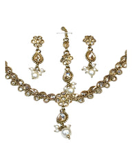 Gold / Neutral - Small Size Antique Gold Finish Necklace Set with Earrings & Head Piece /Tika- SLV78  11Ap24