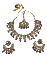 Purple - Large Size Antique Gold Finish Necklace Set with Earrings - AV7783  11KK24