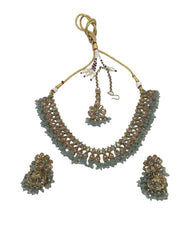 Sea Green - Medium Size Antique Gold Finish Necklace Set with Earrings - PRI1763  11H24