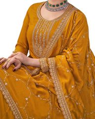 Cotton / Silky Mustard Haldi Yellow Anarakali  Long Dress with Trousers - Size 12 (Bust 38