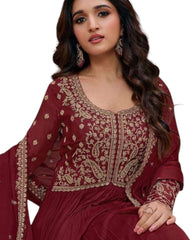 Chiffon - Maroon Anarakali  Long Dress with Trousers - Size 10 (Bust 36