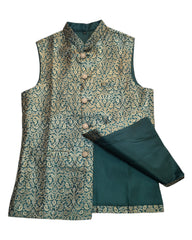 Racing Green - Banarasi Handloom Brocade Mens Waistcoat - UK Stock- Dispatch in 24 hrs - KCS241103 KK