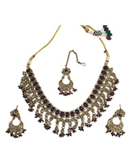 Maroon - Medium - Antique Gold Finish Necklace Set with Earrings - RAK185 Cp 0724