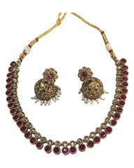 Magenta - Small - Antique Gold Finish Necklace Set with Earrings - AE2403 C 0724