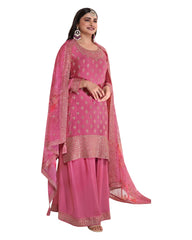 Pink - Simple / Classy Ladies Indian Palazzo Trousers Suit with Printed Dupatta - Size 14 (40