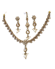 Gold / Neutral - Small Size Antique Gold Finish Necklace Set with Earrings & Head Piece /Tika- SLV78  11Ap24