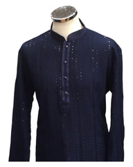 Navy Blue - Rich Sequins Lucknowi Chiffon Mens Indian Kurta Set with Smart Pants - Weddings / Walimas , Sangeet, Eid, Mehndi / Henna - SHU2501 KC 0325