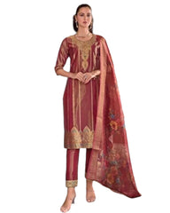 Maroon - Banarasi Handloom Ladies Indian Salwar Suit with Printed Dupatta - Available in Size 10 (36