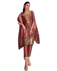 Maroon - Banarasi Handloom Ladies Indian Salwar Suit with Printed Dupatta - Available in Size 10 (36