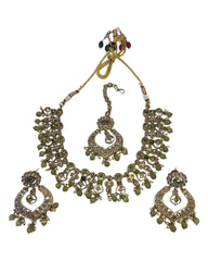 Olive Henna Green - Large Size Antique Gold Finish Necklace Set with Earrings - AV7785  11KK24