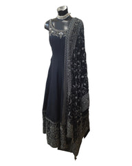 Cotton / Silky Dark Navy Anarakali  Long Dress with Grey Embroidery - Size 12 (Bust 38