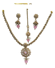 Pink - Small Size Antique Gold Finish Necklace Set with Earrings & Head Piece /Tika- SLV79  11A24