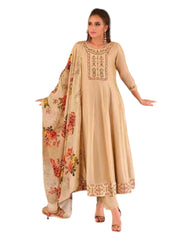 Gold - Simple / Classy Ladies Indian Trousers Suit with Printed Dupatta - Size 12 (38